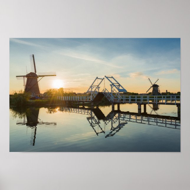 Drawbridge and windmills at sunset in Holland Poster (Front)