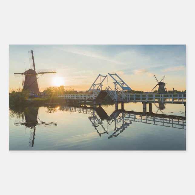 Drawbridge and windmills at sunset in Holland Rectangular Sticker (Front)