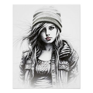Drawing by a young grunge woman poster