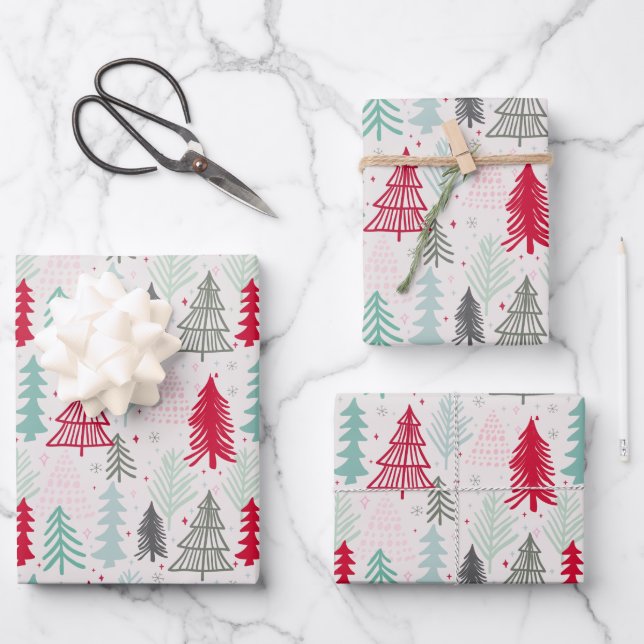 Drawing Christmas Trees Evergreen Pine Red Green Wrapping Paper Sheet (Front)