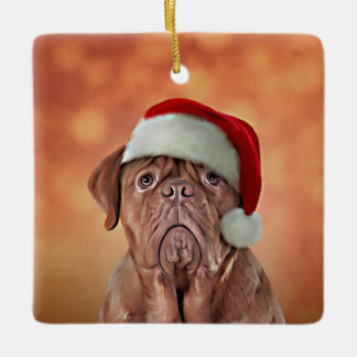 Drawing dog Dogue de Bordeaux in red hat of Santa Ceramic Ornament
