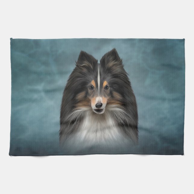 Drawing Dog Shetland Sheepdog, Sheltie Tea Towel (Horizontal)