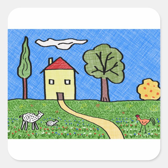 Drawing house in the country square sticker (Front)