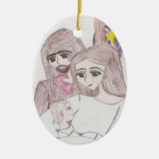 Drawing in Coloured Pencil of Nativity Ceramic Tree Decoration (Front)