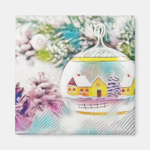 Drawing of a Christmas tree branch with decoration Magnet