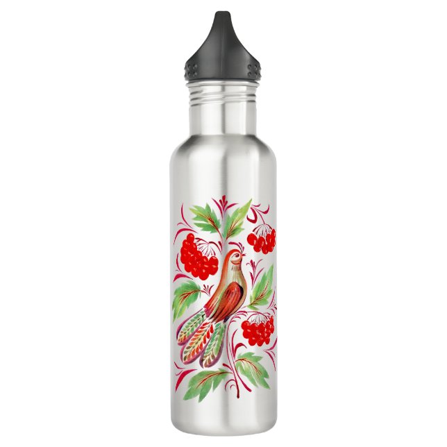 Drawing of a cuckoo in folk style. 710 ml water bottle (Left)