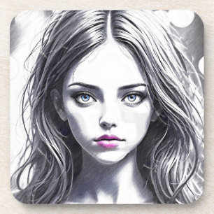 Drawing of a girl with a captivating look coaster