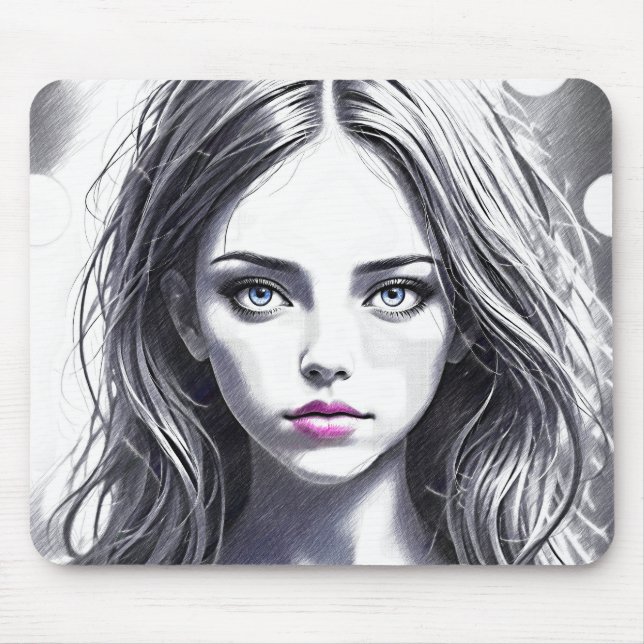 Drawing of a girl with a captivating look mouse mat (Front)