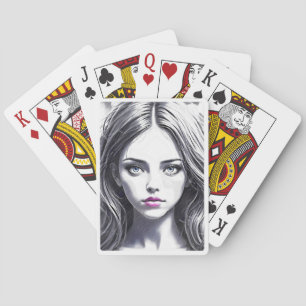 Drawing of a girl with a captivating look playing cards
