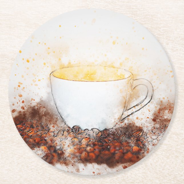 Drawing of a Hot Cup of Coffee Among Coffee Beans Round Paper Coaster (Front)