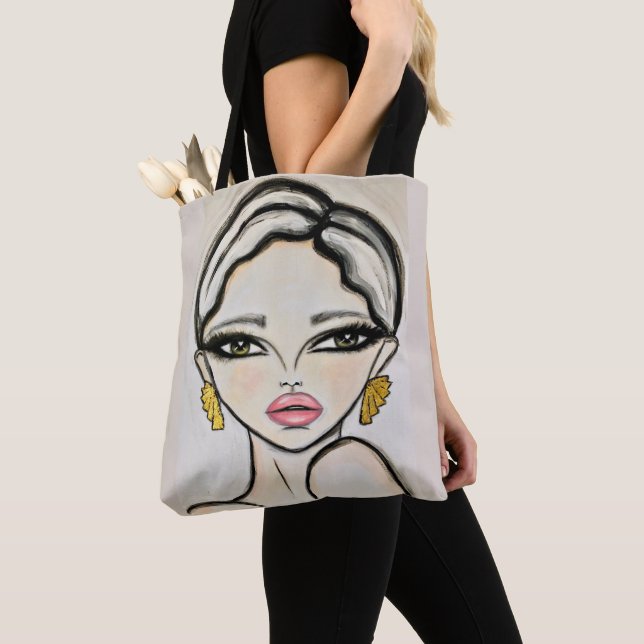Drawing of a Modern Girl Pink Lips Tote Bag (Close Up)