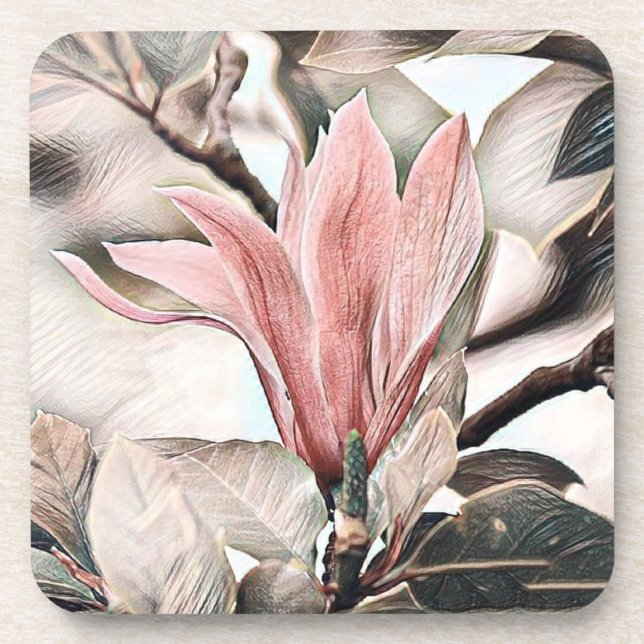 Drawing of a pink magnolia branch coaster (Front)