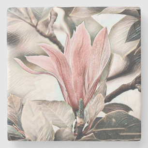Drawing of a pink magnolia branch stone coaster