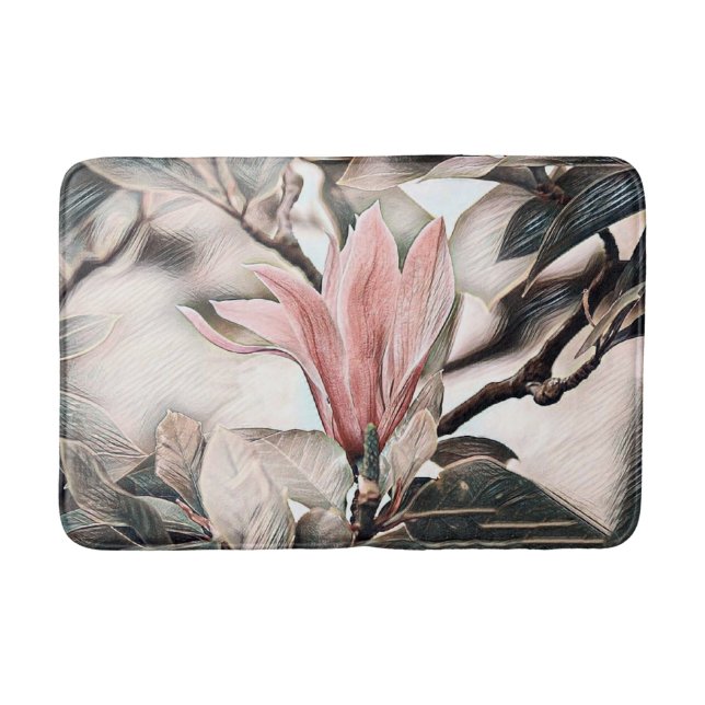 Drawing of a pink magnolia flower branch bath mat (Front)
