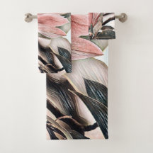 Drawing of a pink magnolia flower branch bath towe