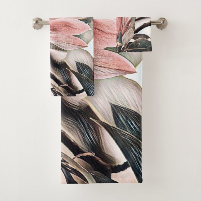 Drawing of a pink magnolia flower branch bath towe towel set (Insitu)