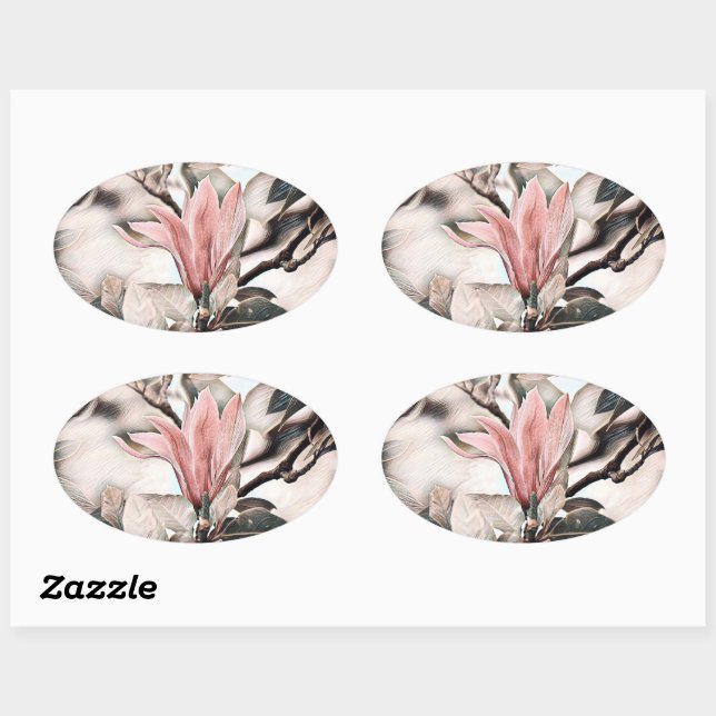 Drawing of a pink magnolia flower branch oval stic oval sticker (Sheet)