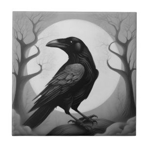 Drawing of a raven on black and white background tile