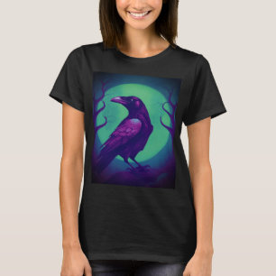 Drawing of a raven on bright green blue background T-Shirt