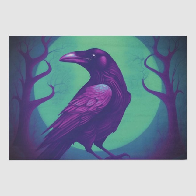 Drawing of a raven on bright green blue background tissue paper (Front)