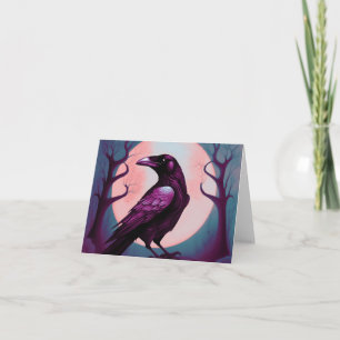 Drawing of a raven on grey blue background card