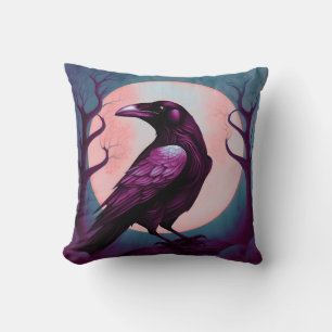 Drawing of a raven on grey blue background cushion