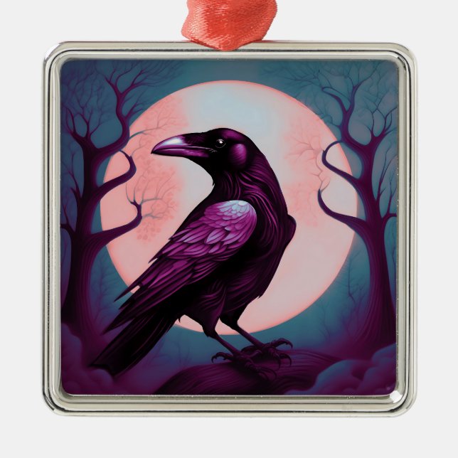Drawing of a raven on grey blue background metal tree decoration (Front)
