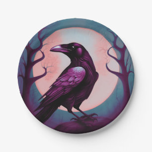 Drawing of a raven on grey blue background paper plate