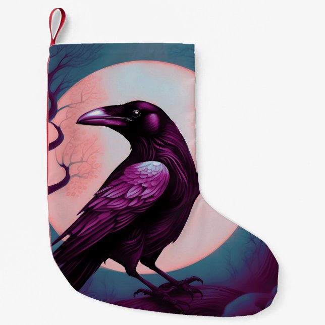Drawing of a raven on grey blue background small christmas stocking (Front)