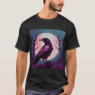 Drawing of a raven on grey blue background T-Shirt