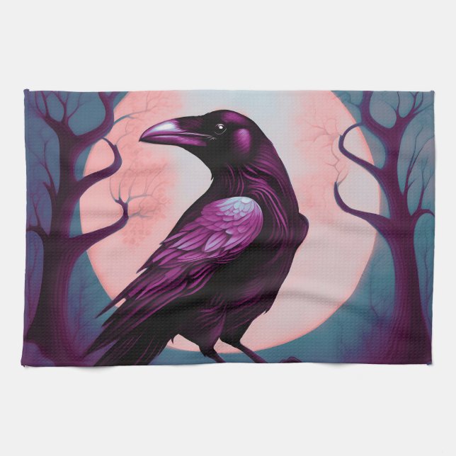 Drawing of a raven on grey blue background tea towel (Horizontal)
