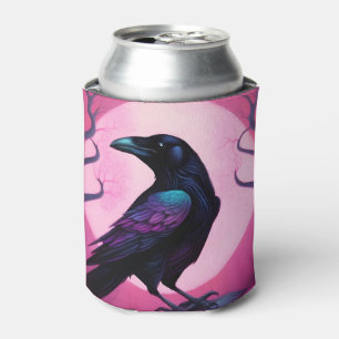 Drawing of a raven on neon pink background can cooler