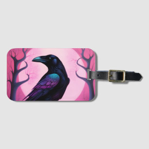 Drawing of a raven on neon pink background luggage tag