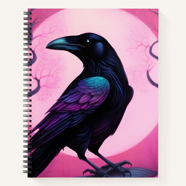 Drawing of a raven on neon pink background notebook (Front)