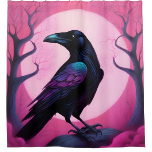 Drawing of a raven on neon pink background shower curtain