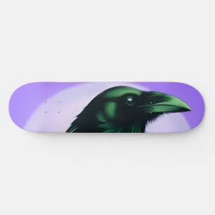 Drawing of a raven on neon purple background skateboard