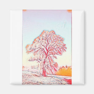 Drawing of a Snowed Tree in a Winter Scenery Magnet