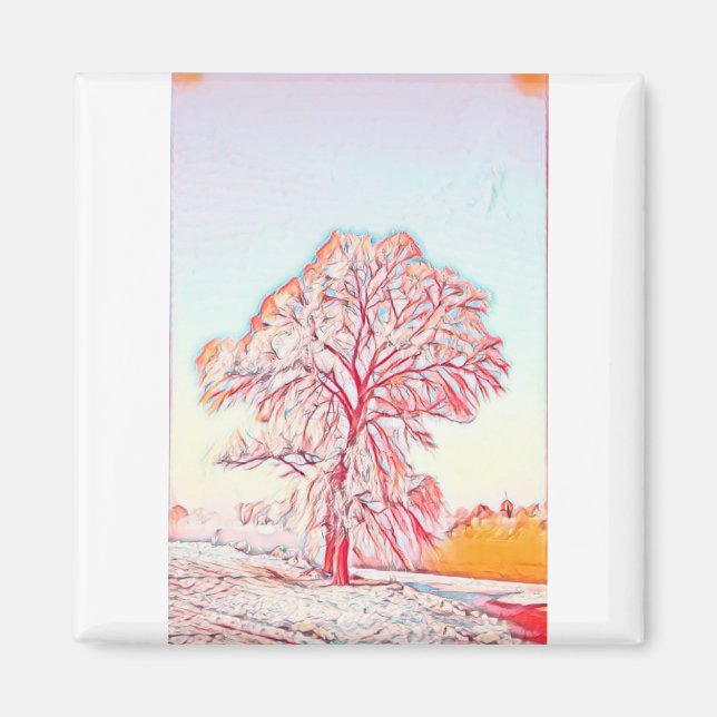 Drawing of a Snowed Tree in a Winter Scenery Magnet (Front)