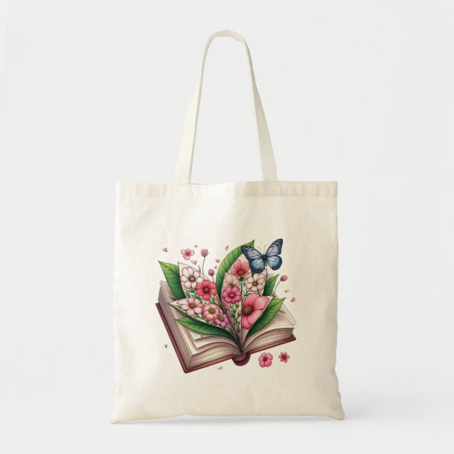 Drawing of an open book with flower tote bag (Front)
