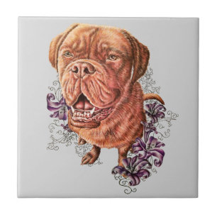 Drawing of Brown Mastiff Dog Art and Lilies Tile