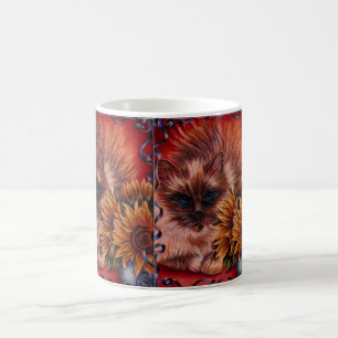 Drawing of Cat with Blue Eyes and Sunflowers Coffee Mug