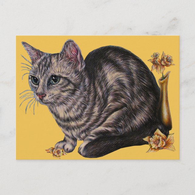 Drawing of Cat with Daffodils on Postcard (Front)