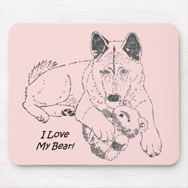 drawing of cute Japanese akita with teddy bear Mouse Mat (Front)