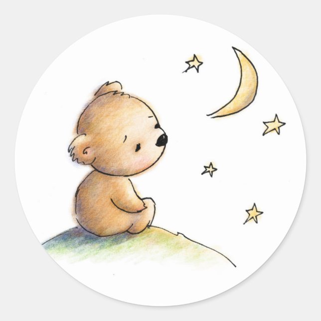 Drawing of cute teddy bear watching the star classic round sticker (Front)