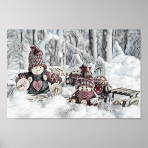 Drawing of gnomes in a winter and snow scenery poster