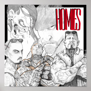 Drawing of homies on a poster