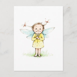 Drawing of little fairy with flower postcard