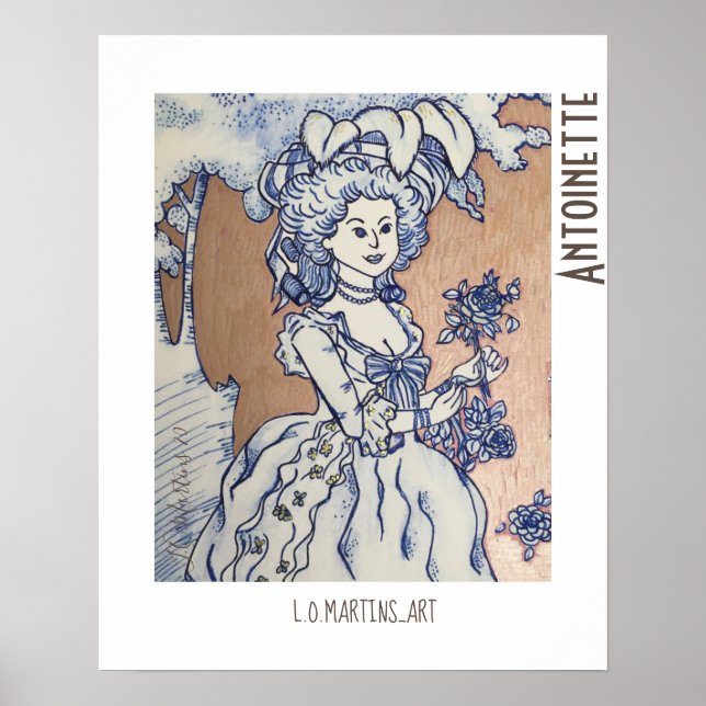 Drawing of Marie Antoinette on blue ink Poster (Front)