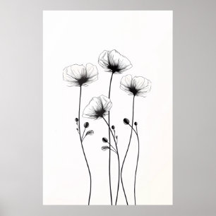 Drawing of minimalist flowers, in black and white. poster