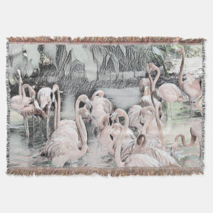 Drawing of Pink and White Flamingos in the Water Throw Blanket